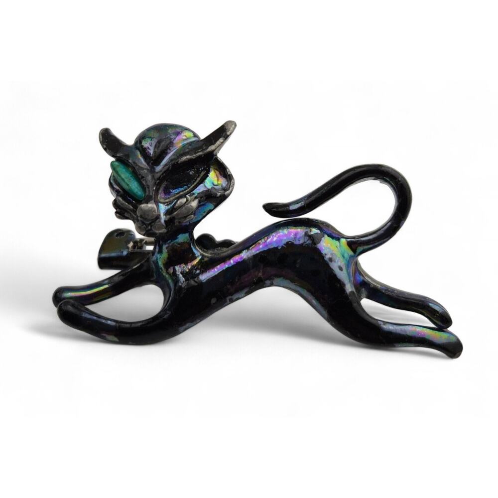 Vintage Black Iridescent Cat Brooch Figural Kitty Pin Costume Jewelry